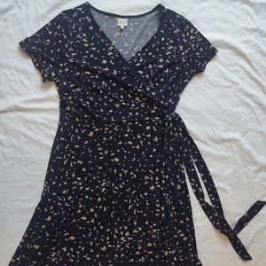 Blue and Pink Patterned Faux Wrap Dress